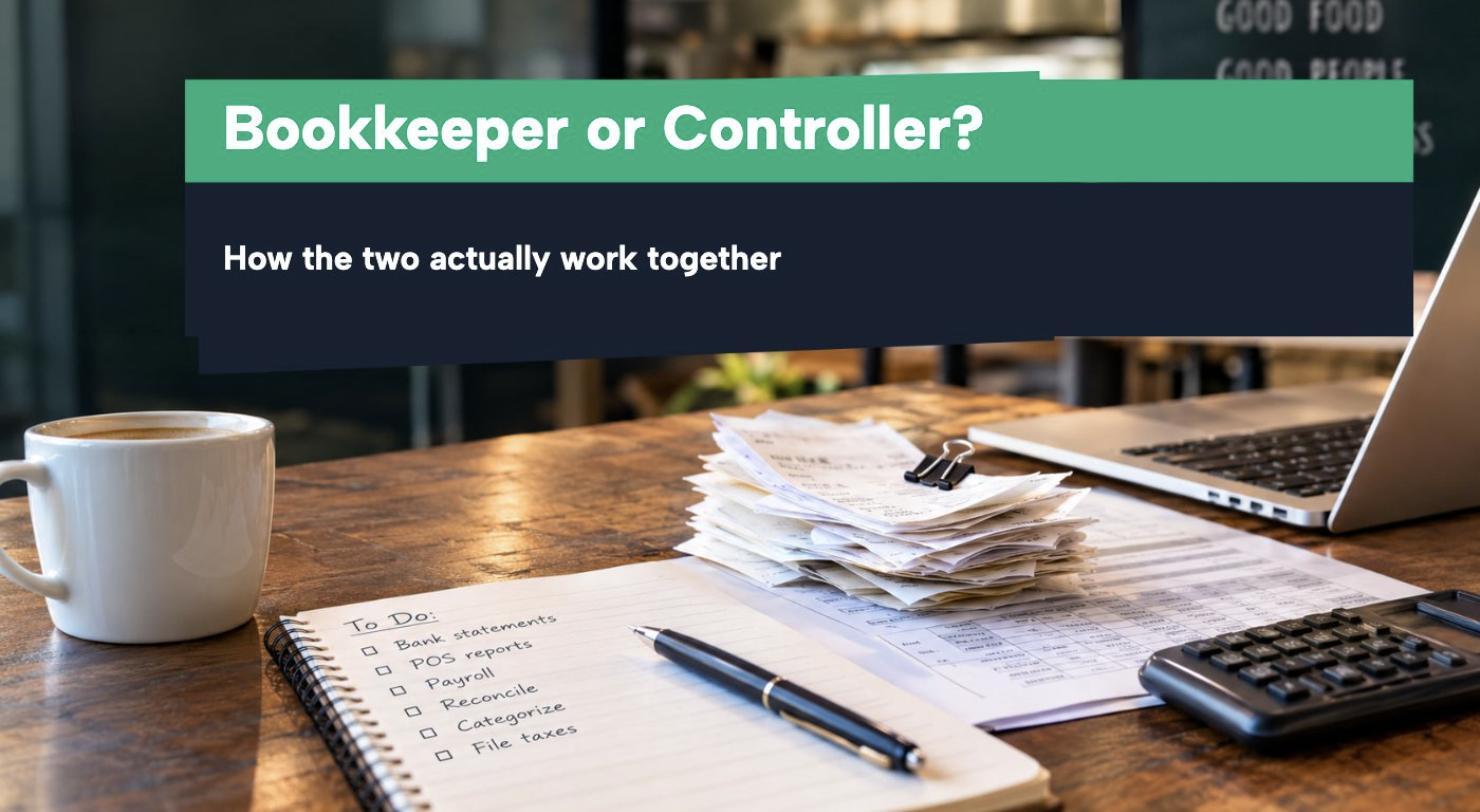Desk with receipts and a laptop representing bookkeeper and controller roles